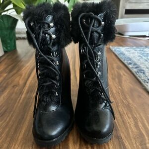 BCBGeneration Black Lace-Up Fur Boots
